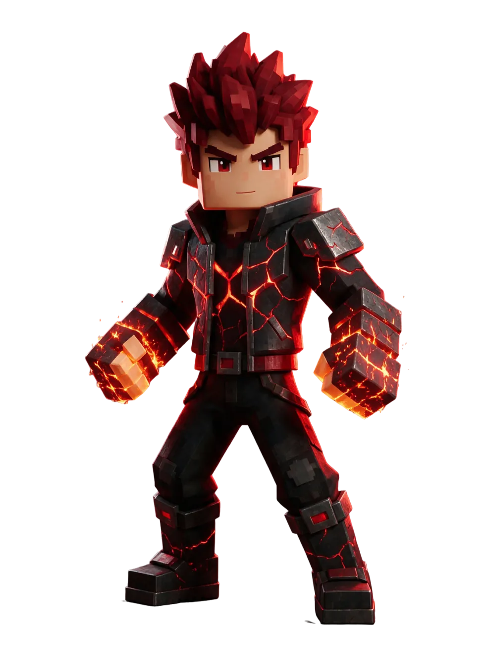 Al-Shafie, the Warrior: a blocky voxel hero with crimson hair and glowing ember fists.