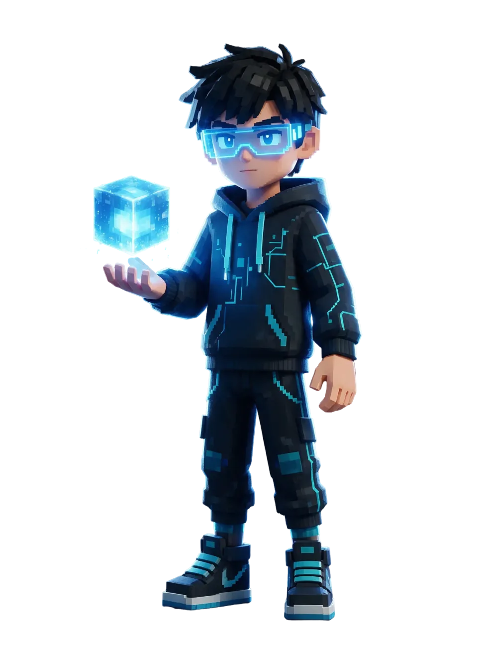 Ibrahim, the Strategist: a blocky voxel hero with a blue visor holding a holographic cube.