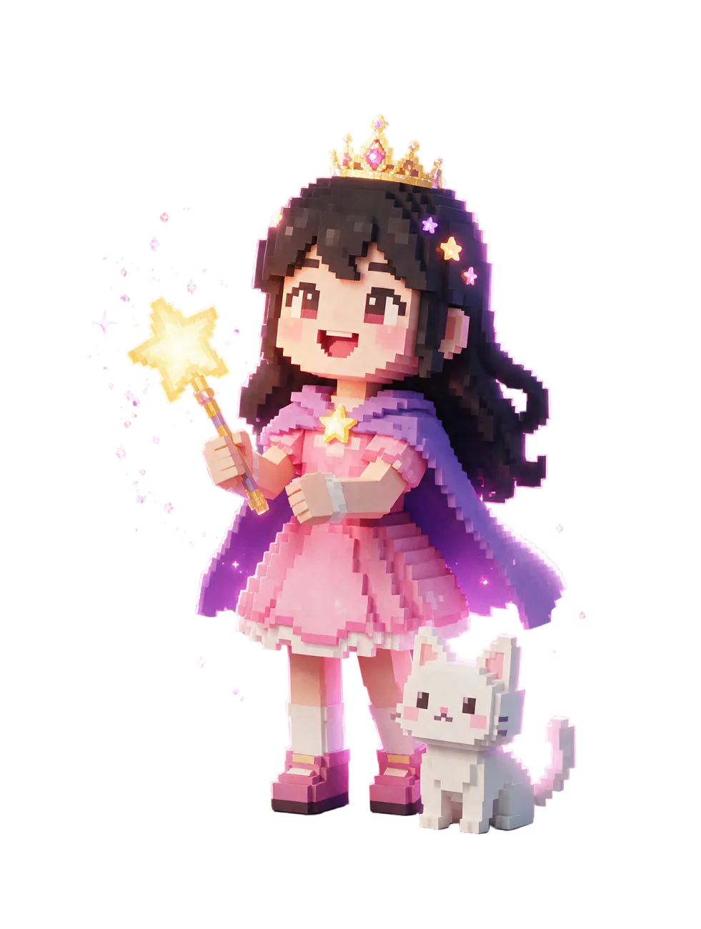 Lobna, the Princess Dreamer: a blocky voxel hero wearing a golden tiara, with a star wand and a small white cat.