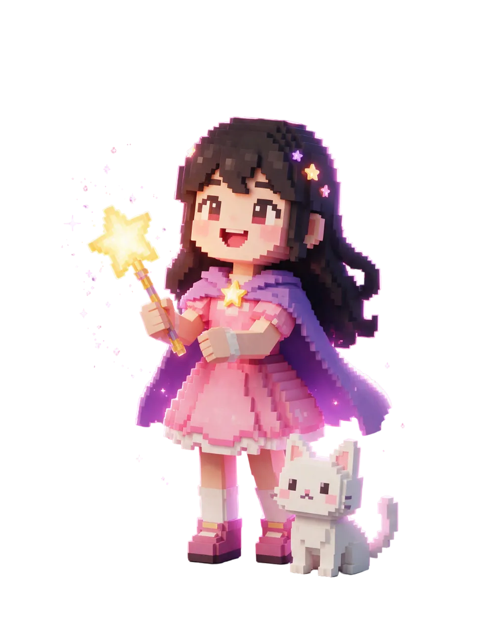 Lubna, the Dreamer: a blocky voxel hero with a star wand and a small white cat.